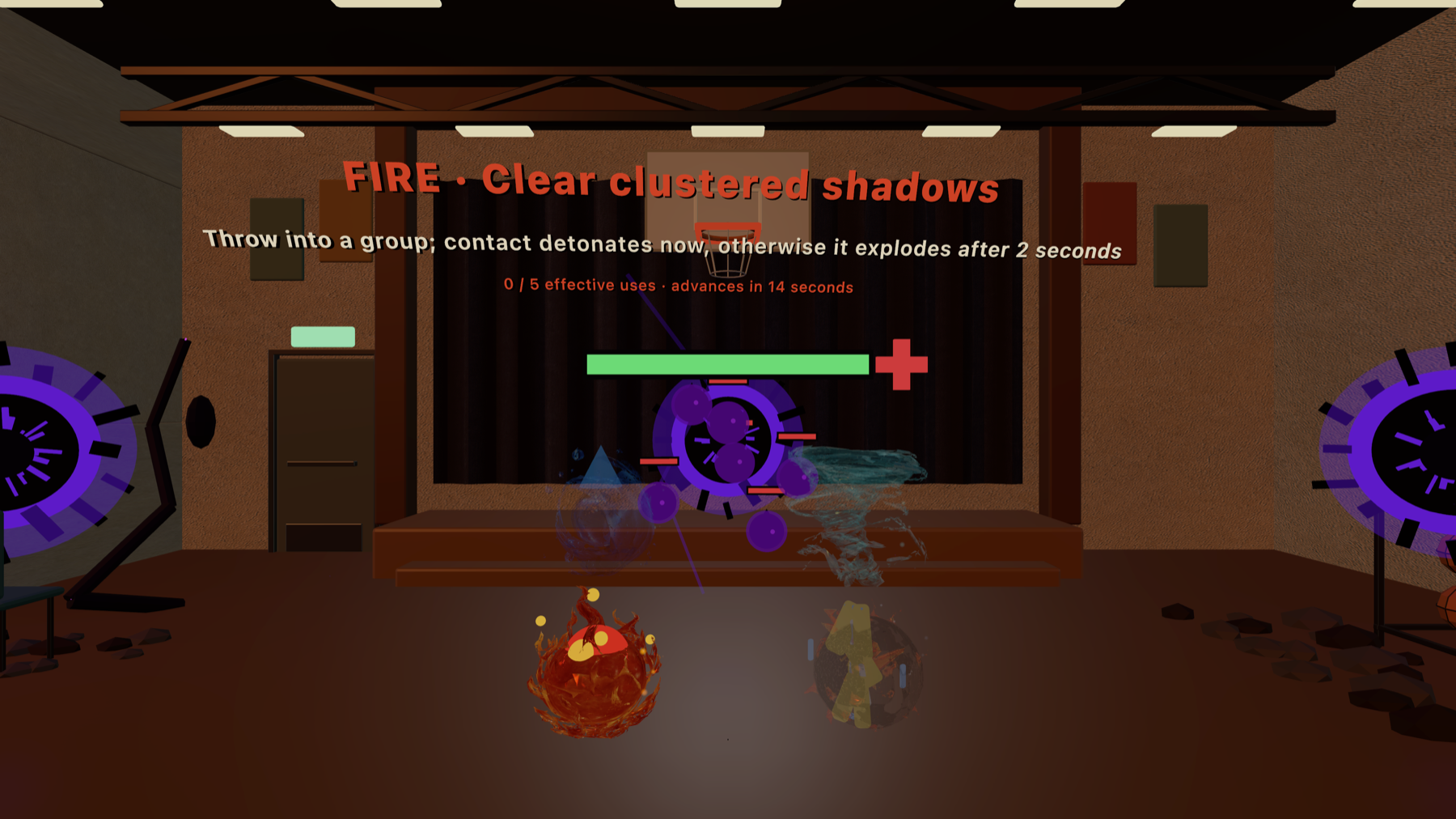 Using fire against shadows inside the immersive Dark Invasion activity center on Apple Vision Pro