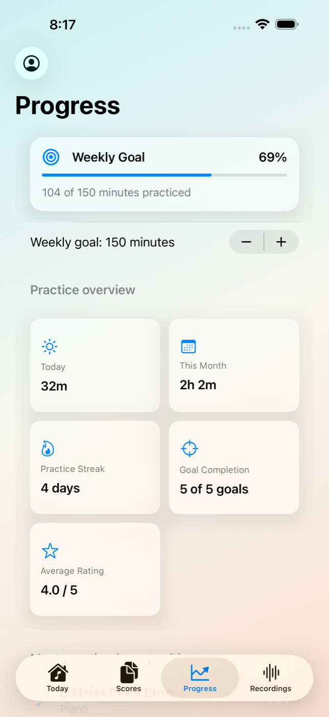 Melody Journal progress view showing a weekly goal, practice time, streak, completion, and self-rating