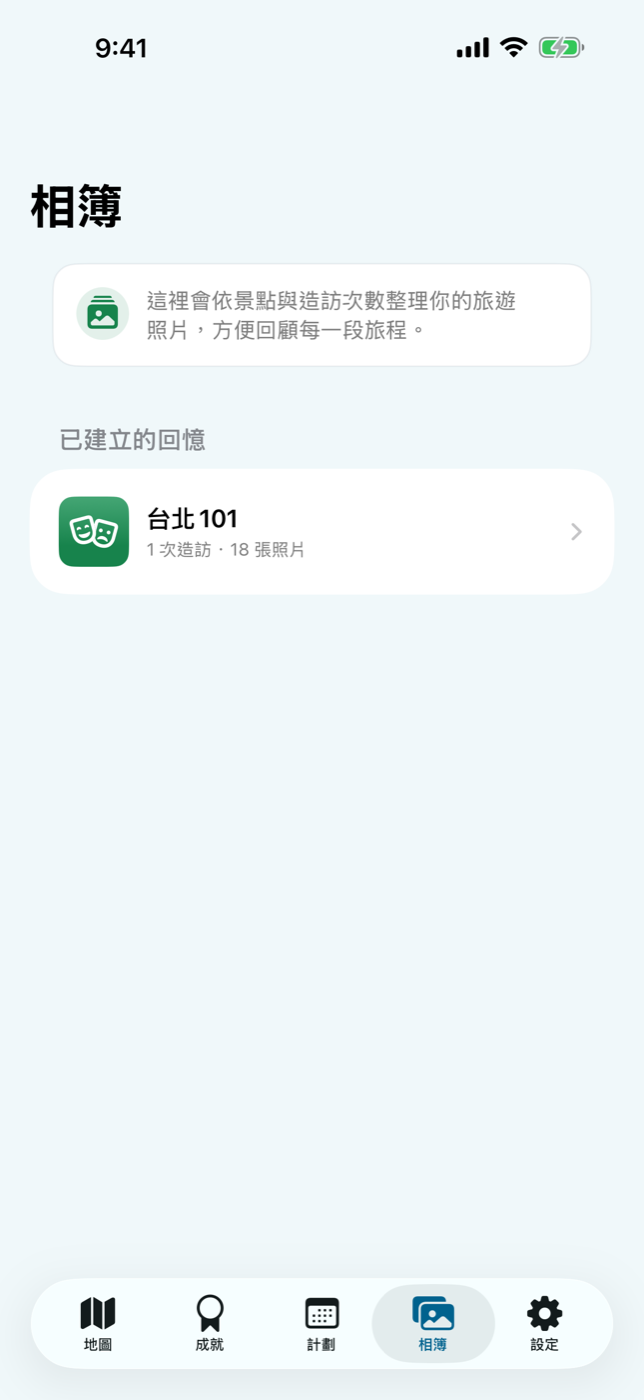 我的台灣觀光地圖相簿畫面，依景點與造訪次數整理旅遊照片