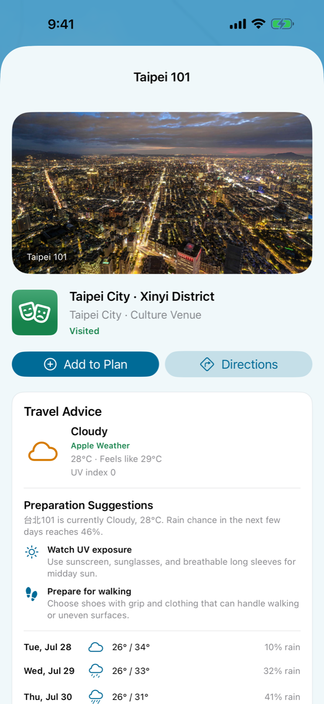 A My Taiwan Tour Map attraction page showing Taipei 101, Apple Weather conditions, forecast, and trip preparation guidance