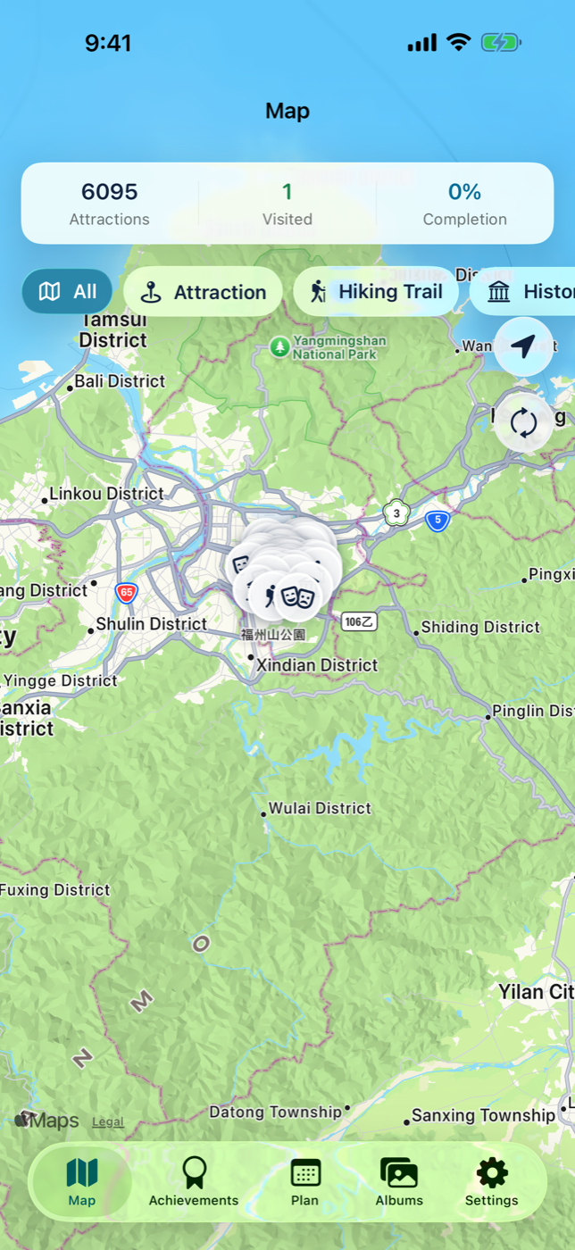 My Taiwan Tour Map showing Taiwan attractions, category filters, and visited progress