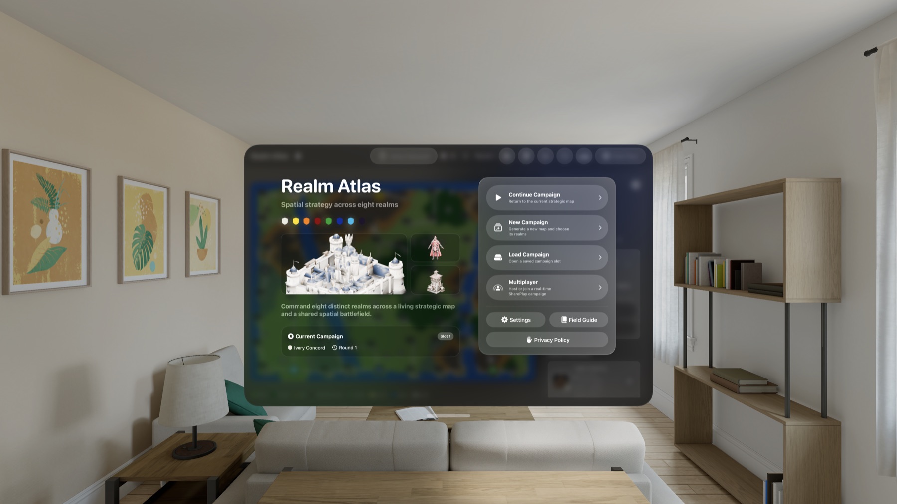 RealmAtlas 主選單提供繼續戰役、新戰役、讀取存檔與 SharePlay 多人遊戲入口