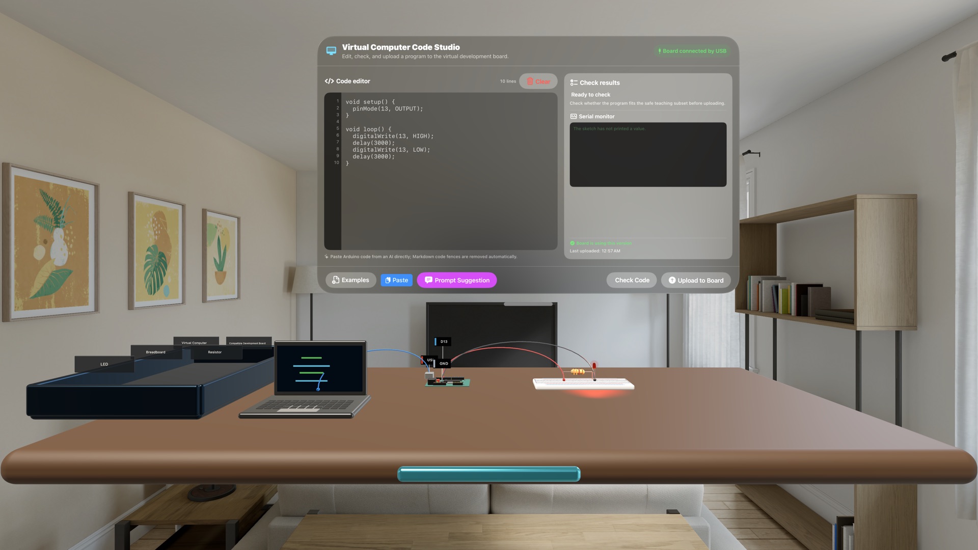 Spatial Electronics Lab Code Studio showing a sketch editor, check results, serial monitor, and upload-to-board control