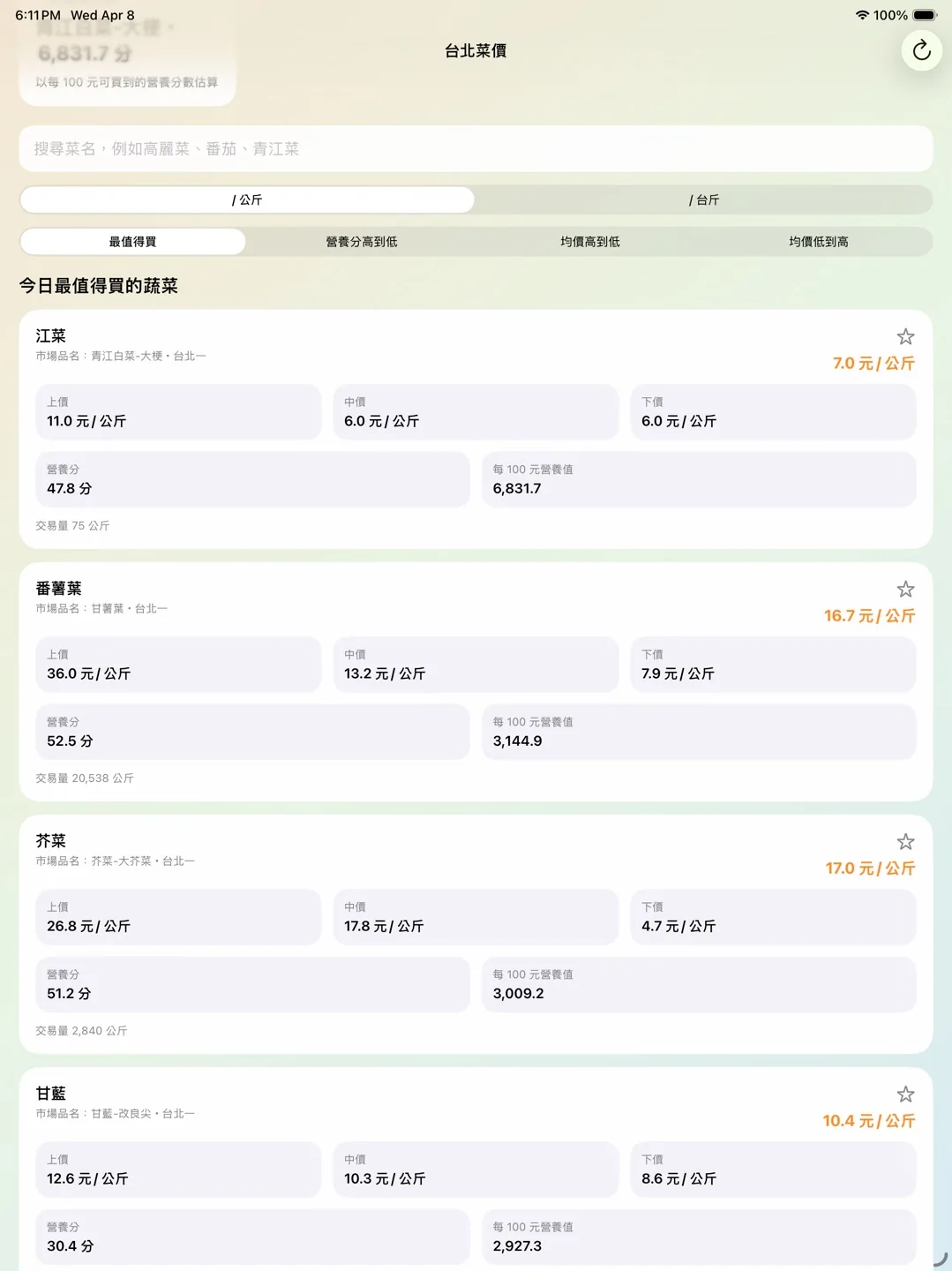 台北菜價 · 產品畫面